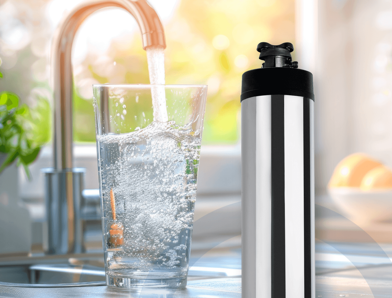 Filtered water pouring from a kitchen faucet into a glass beside the stainless steel filter