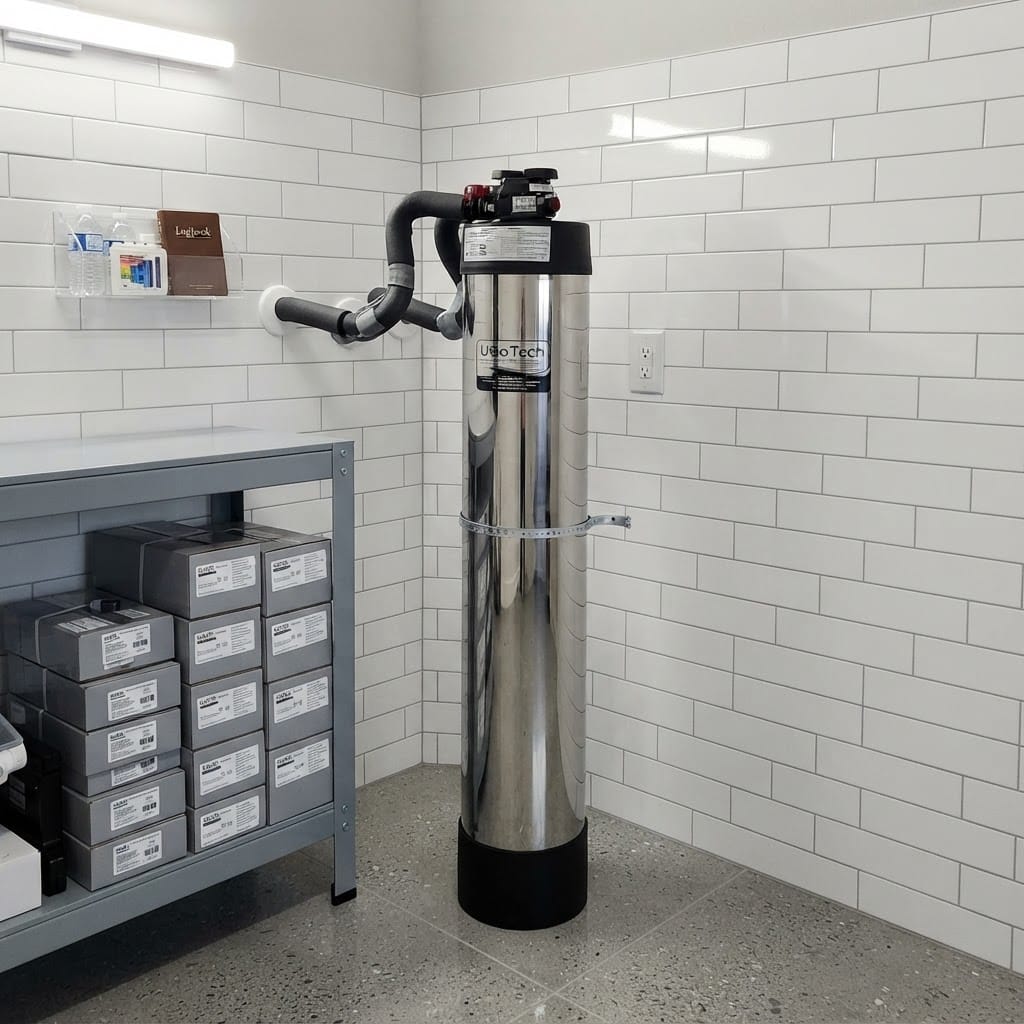 Healthy Technologies whole house water filtration system installed in a tiled utility room